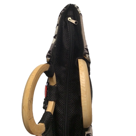 Canvas Handbag Wood Handles Ankara African Style Black White Tote Bag - Picture 7 of 8